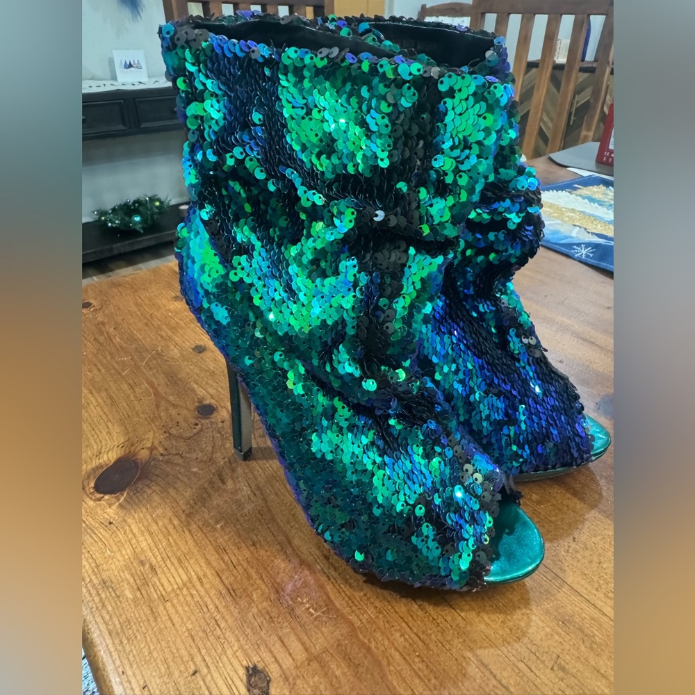 Blue/Green Mermaid Sequin Peep Toe Stiletto Heel Ankle Booties-Size 7